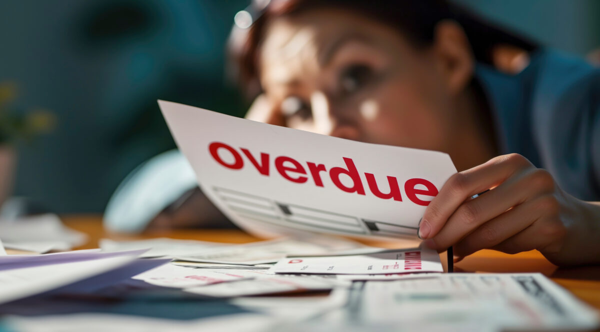 A worried person looks at a small pile of growing invoices, reading “overdue” in bold red letters, copy space