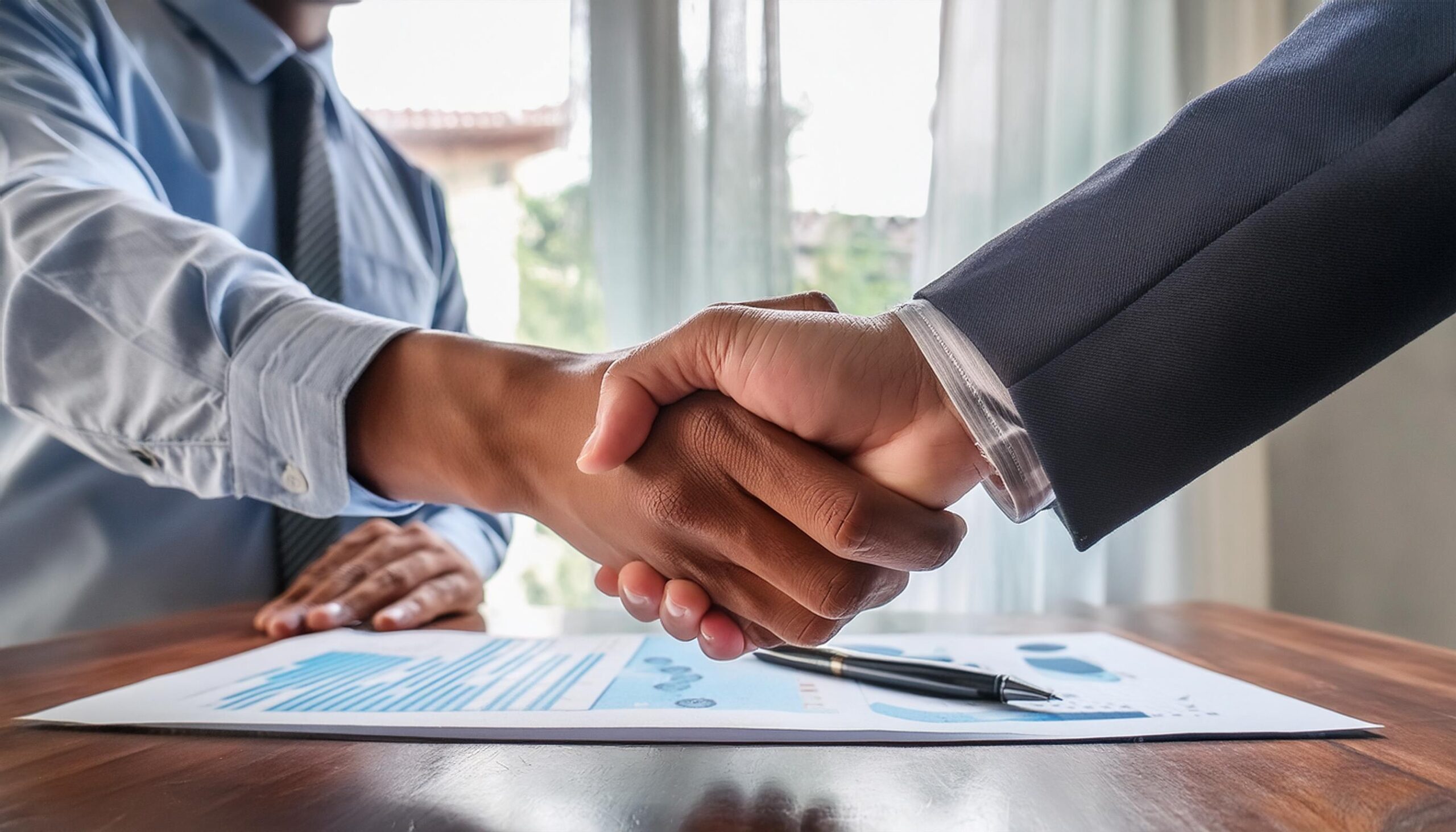 Shaking hands or signing a financial agreement or contract, symbolizing a successful partnership or funding arrangement