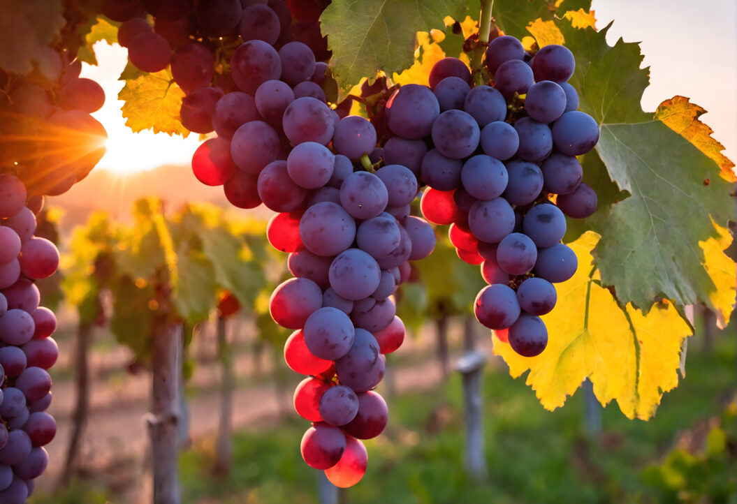 Vine grapes on tree at sunset