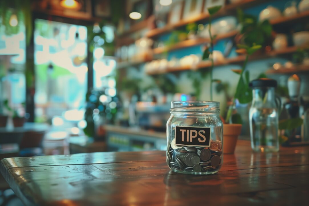 Glass Jar Filled with Coins Labeled ‘Tips’ on Cafe Counter with Plants in Background