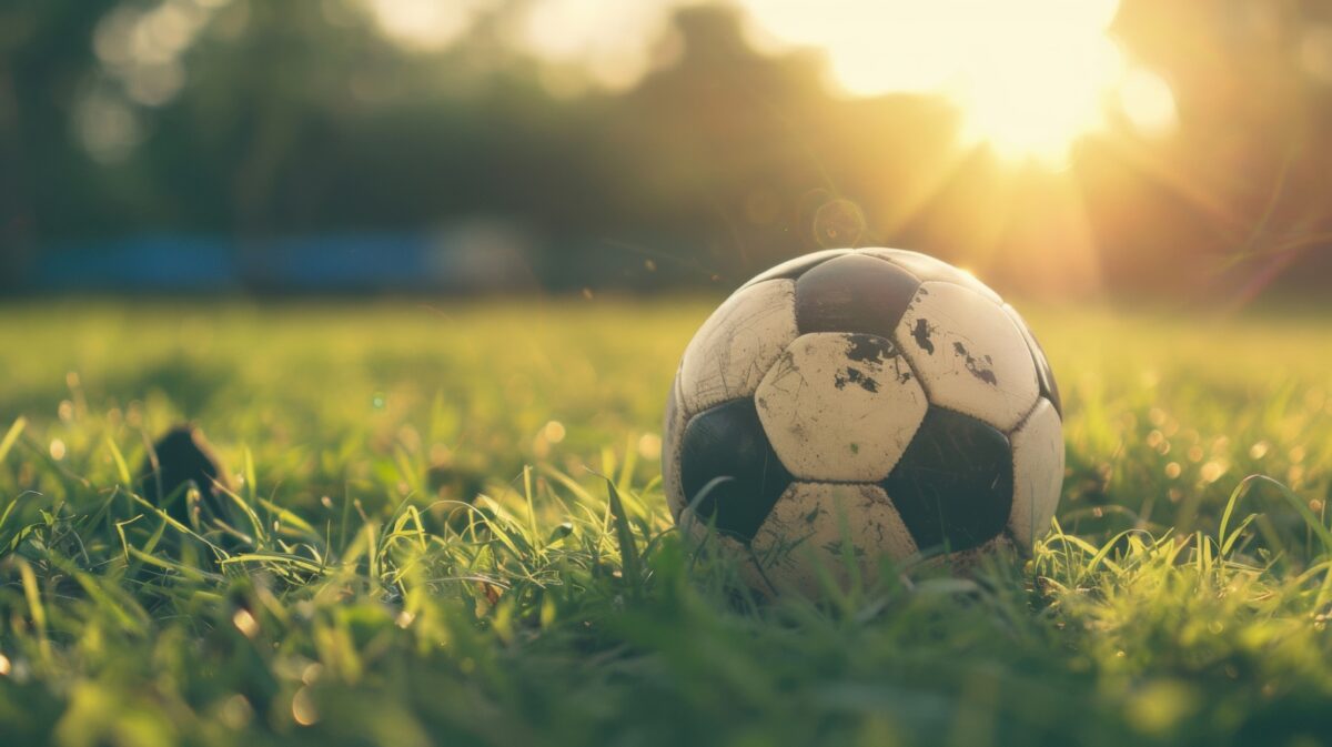 A worn soccer ball lies on vibrant green grass, catching the glow of the setting sun on a clear afternoon, inviting play and enjoyment